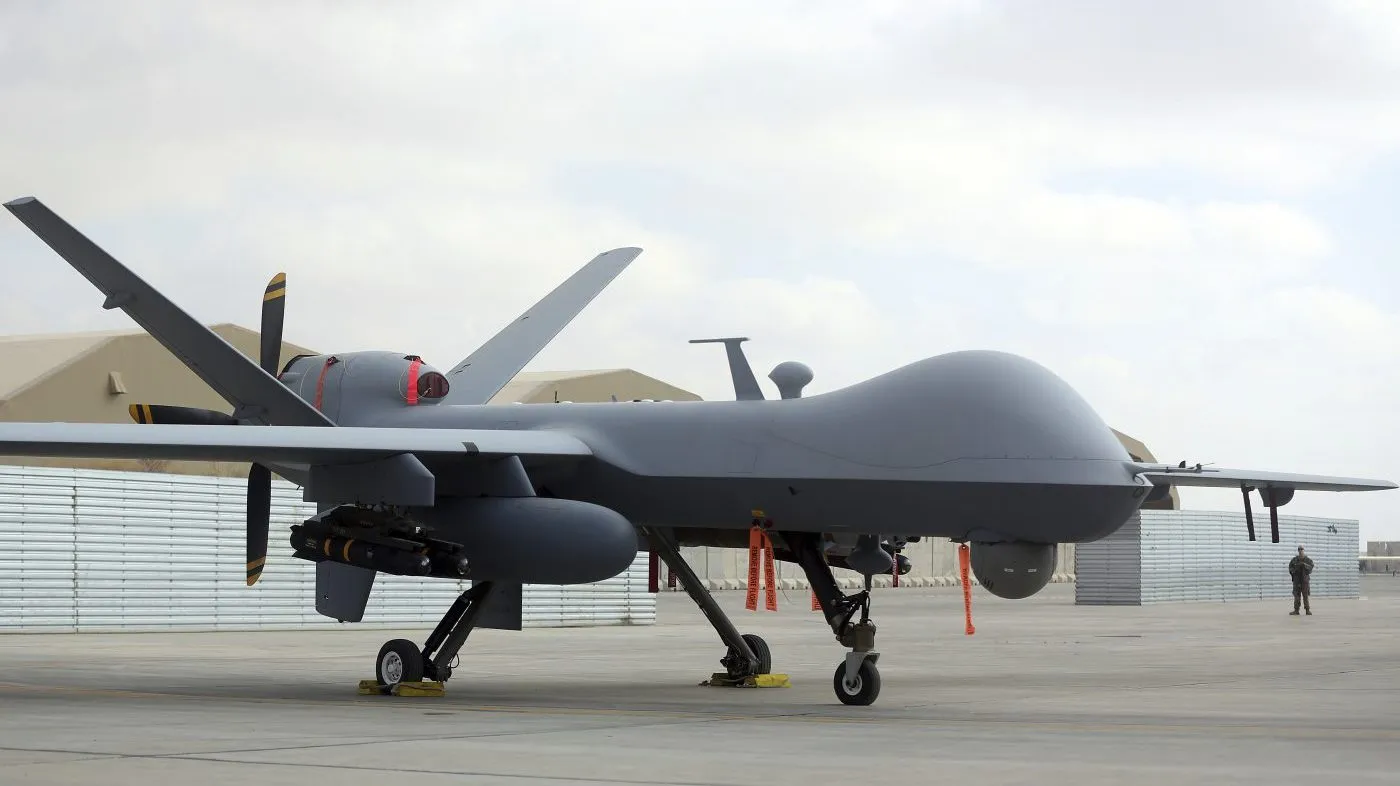 A U.S. MQ-9 drone is on display during an air show at Kandahar Airfield, Afghanistan, Jan. 23, 2018.