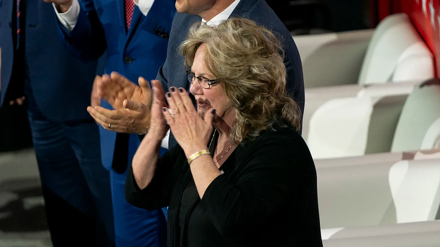 Beverly Aikens, mother of Sen. JD Vance (R-Ohio), is seen as Vance gives his acceptance speech for vice president during the Republican National Convention at the Fiserv Forum in Milwaukee, Wis., on July 17, 2024.