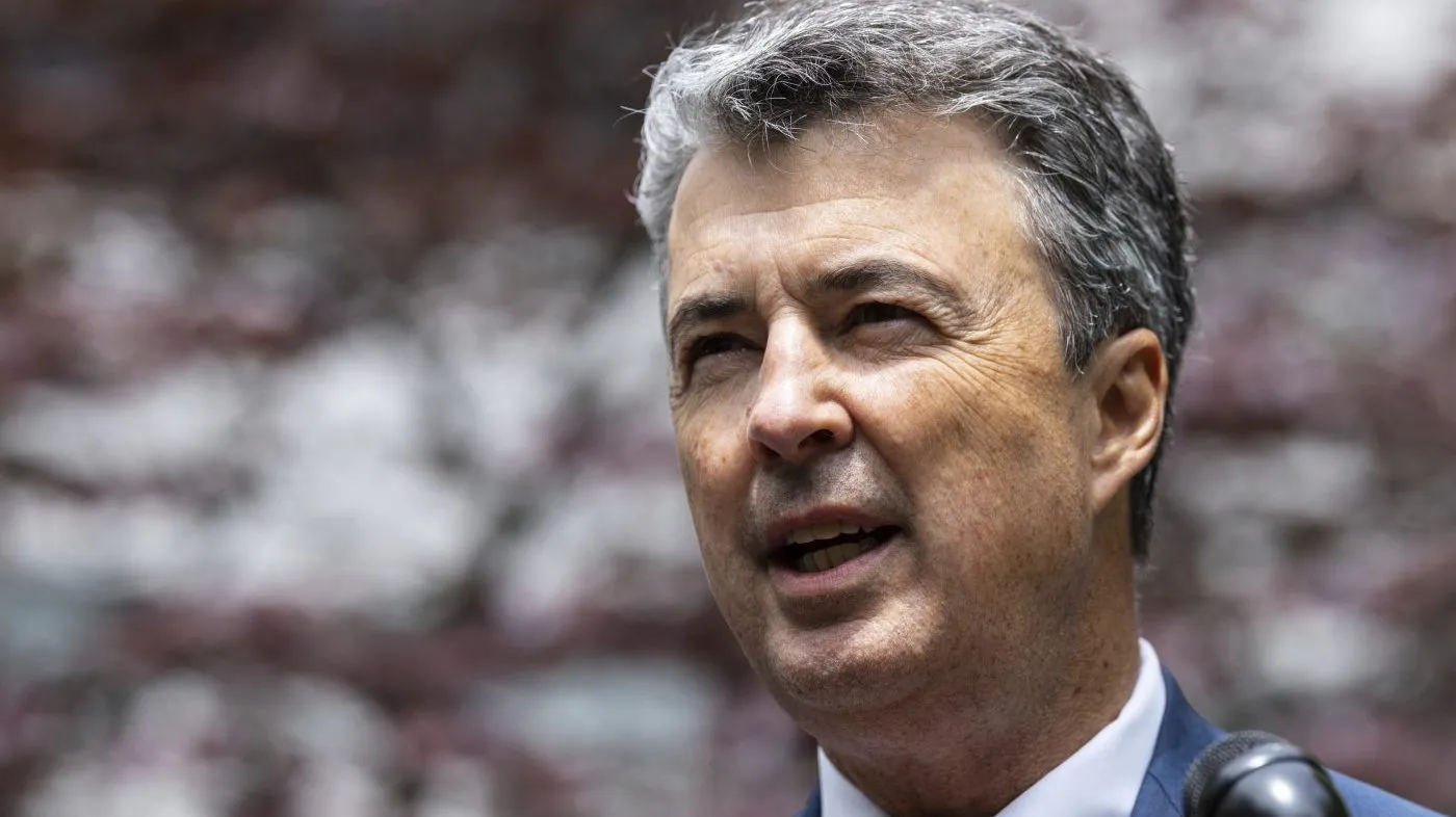 Alabama Attorney General Steve Marshall speaks at a press conference across the street from the Manhattan criminal court, May 13, 2024, in New York.