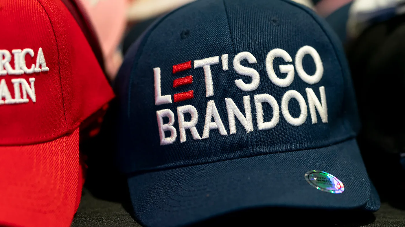 A ‘Let’s Go Brandon’ hat is seen in a vendor area during the Conservative Political Action Conference (CPAC) at the Gaylord National Resort and Convention Center in National Harbor, Md., on Thursday, February 22, 2024.