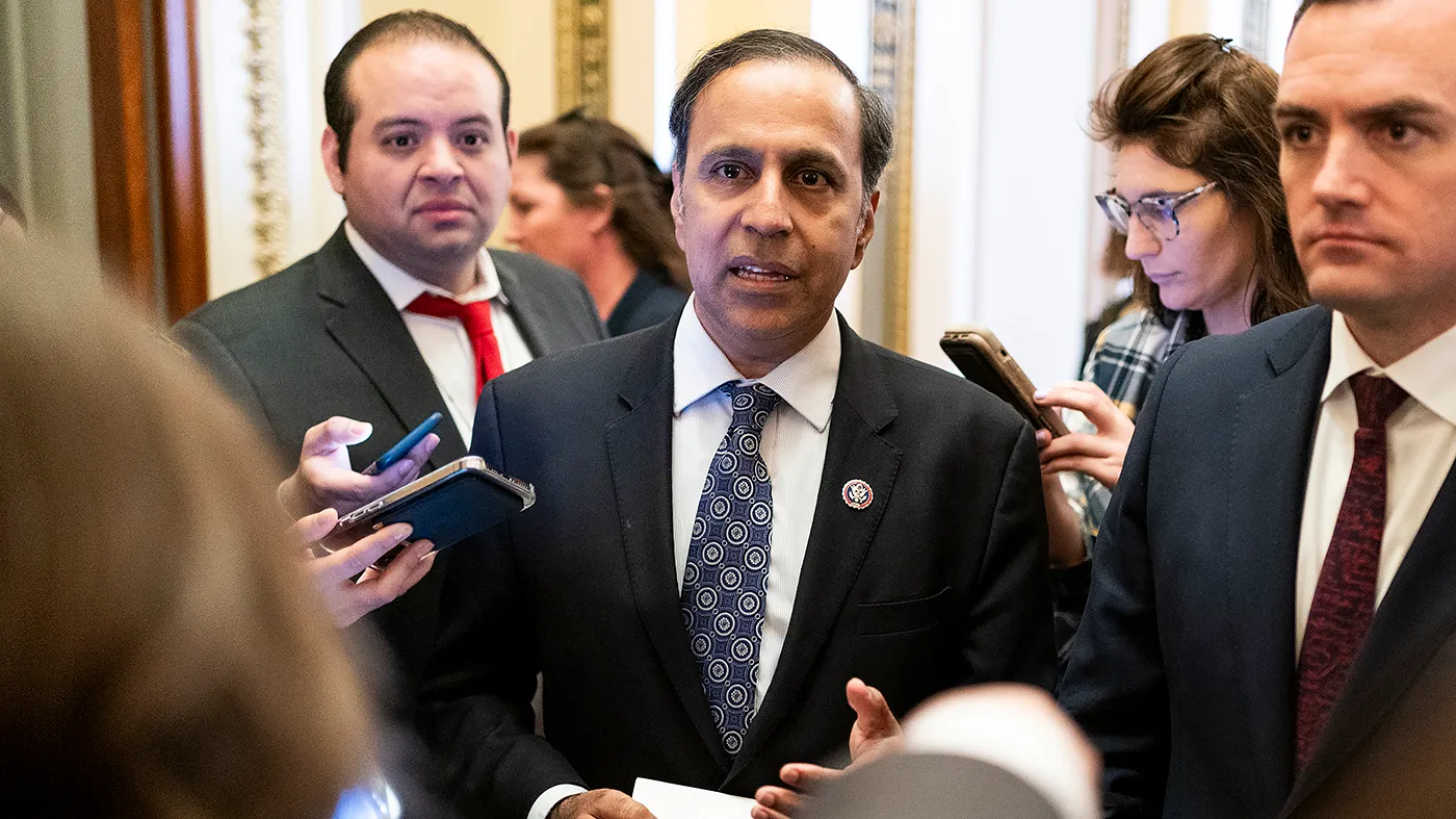 Rep. Raja Krishnamoorthi (D-Ill.) addresses reporters outside the House Chamber on March 13, 2024, to discuss the recent vote on the Protecting Americans from Foreign Adversary Controlled Applications Act.