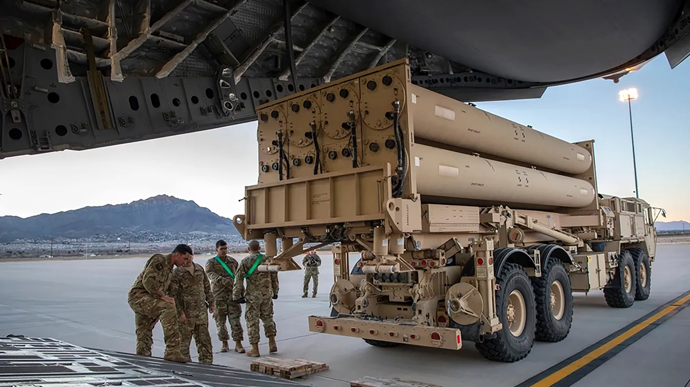 The U.S. Army Terminal High Altitude Area Defense (THAAD) launching station is being preparing to load onto a 4th Airlift Squadron C-17 Globemaster III at Fort Bliss, Texas, Feb. 23, 2019.