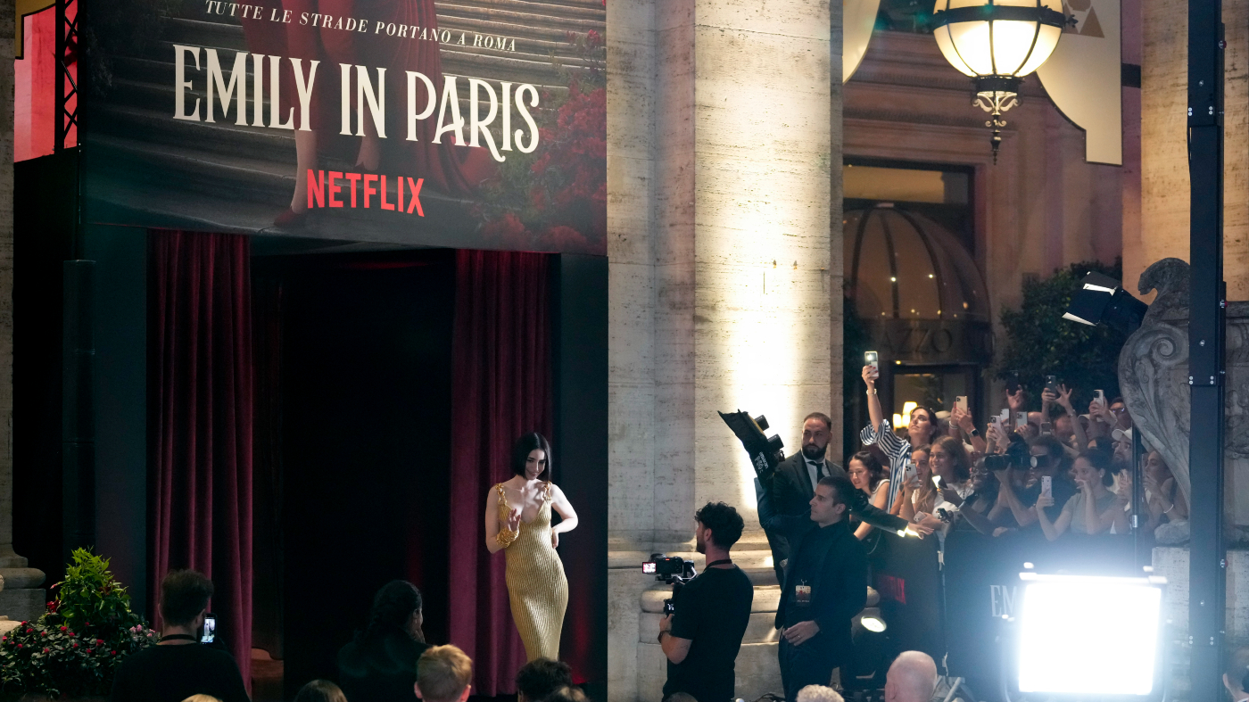 Actress Lily Collins arrives at the premiere of “Emily in Paris”, in Rome, Sept. 10, 2024.