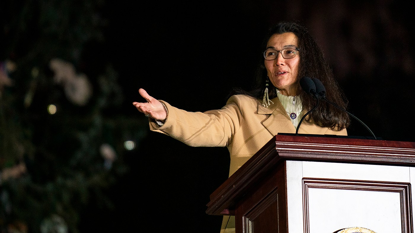 Rep. Mary Peltola (D-Alaska) speaks during a lighting ceremony for the Capitol Christmas Tree in Washington, D.C., on Tuesday, December 3, 2024. This year’s tree is an 80-foot Sitka Spruce from the Tongass National Forest in Alaska.
