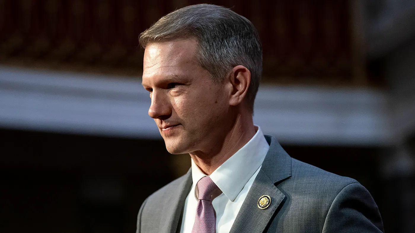 Rep. Riley Moore (R-W.Va.) is seen following ceremonial swearing in for Sen. Jim Justice (R-W.Va.) on Jan. 14, 2025.