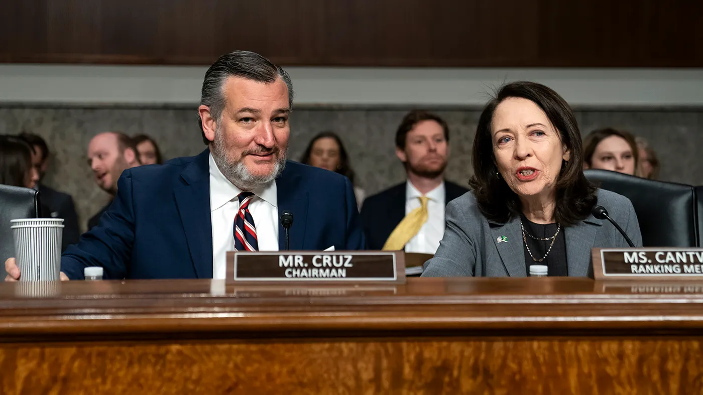Senate Commerce, Science and Transportation Committee Chairman Ted Cruz (R-Texas) and Sen. Maria Cantwell (D-Wash.) are seen before a hearing on restoring Boeing’s safety culture on Wednesday, April 2, 2025.