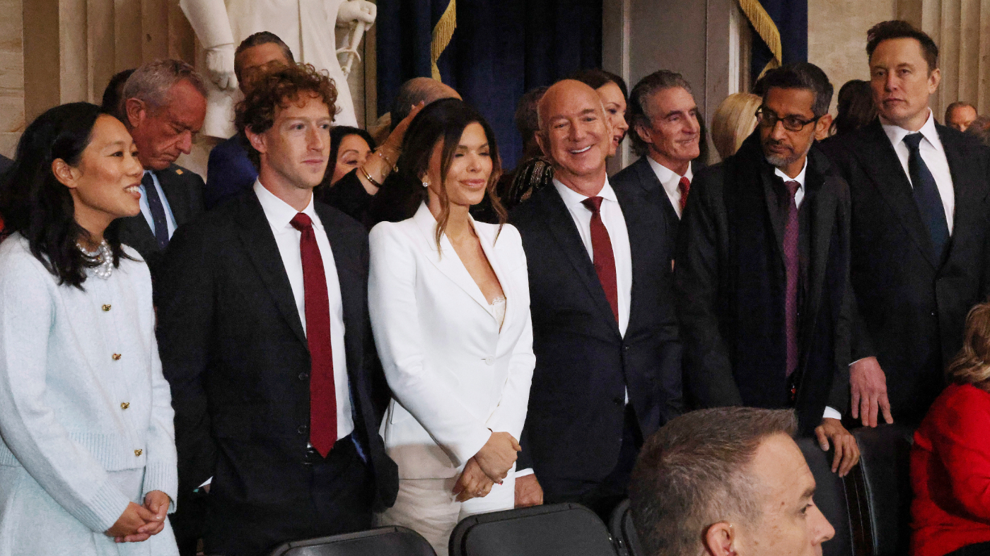 From left, Priscilla Chan, Meta CEO Mark Zuckerberg, Lauren Sanchez, Amazon founder Jeff Bezos, Google CEO Sundar Pichai and Elon Musk attend the 60th Presidential Inauguration in the Rotunda of the U.S. Capitol in Washington, Monday, Jan. 20, 2025. (Chip Somodevilla/Pool Photo via AP)
