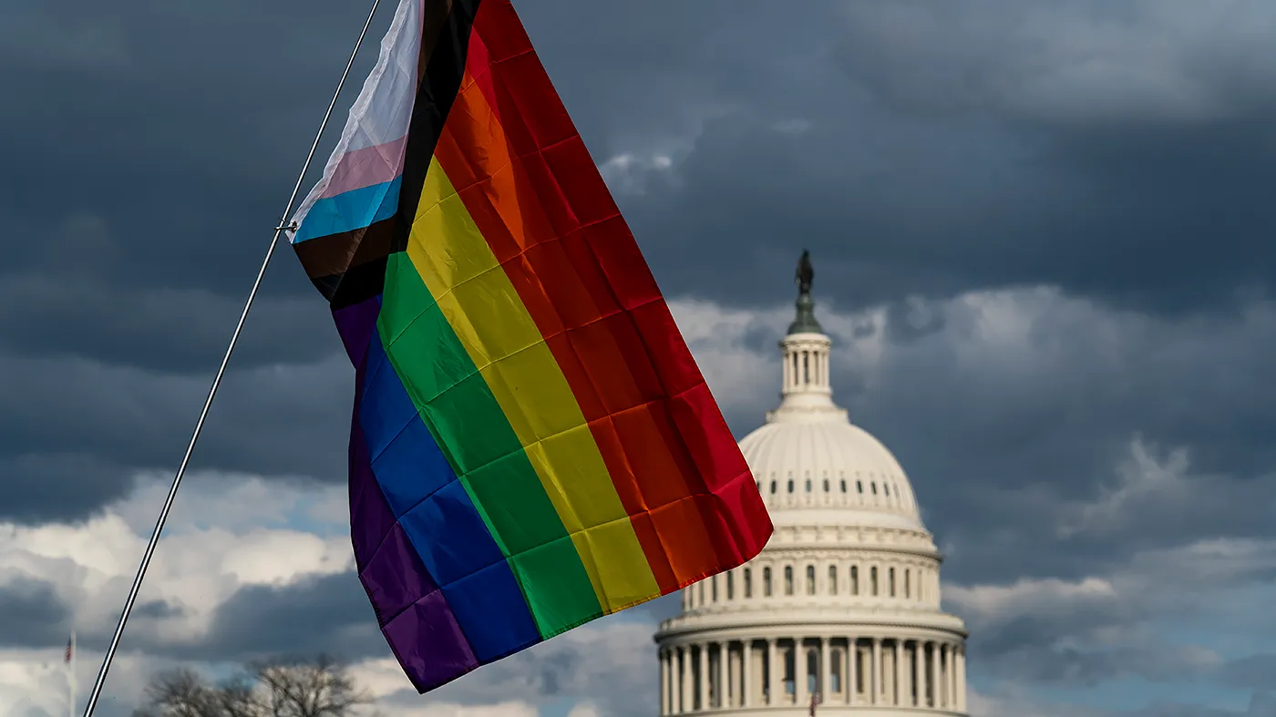 A pride flag is seen during a Transgender Day of Visibility Rally at the National Mall in Washington, D.C., on March 31, 2025.