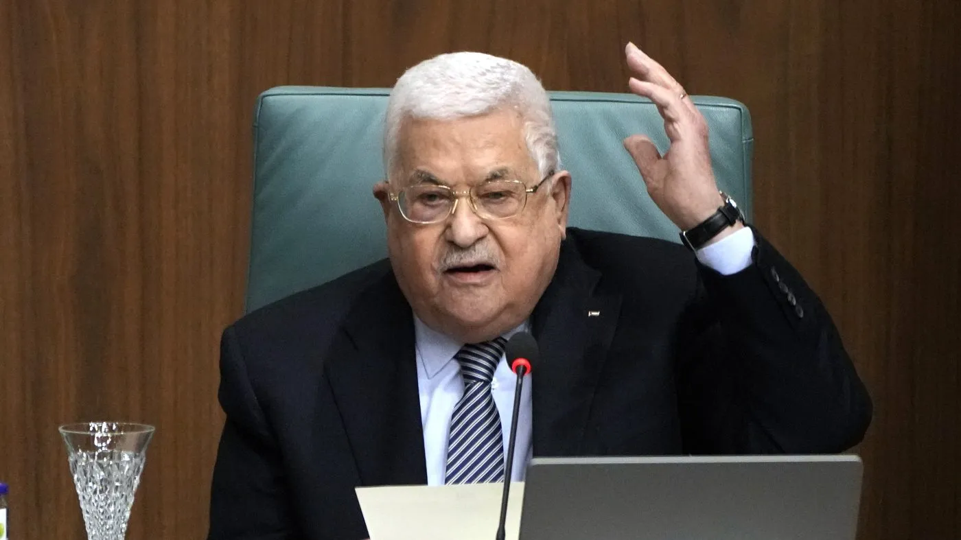 FILE – Palestinian President Mahmoud Abbas speaks during a conference at the Arab League headquarters in Cairo, Feb. 12, 2023. (AP Photo/Amr Nabil, File)
