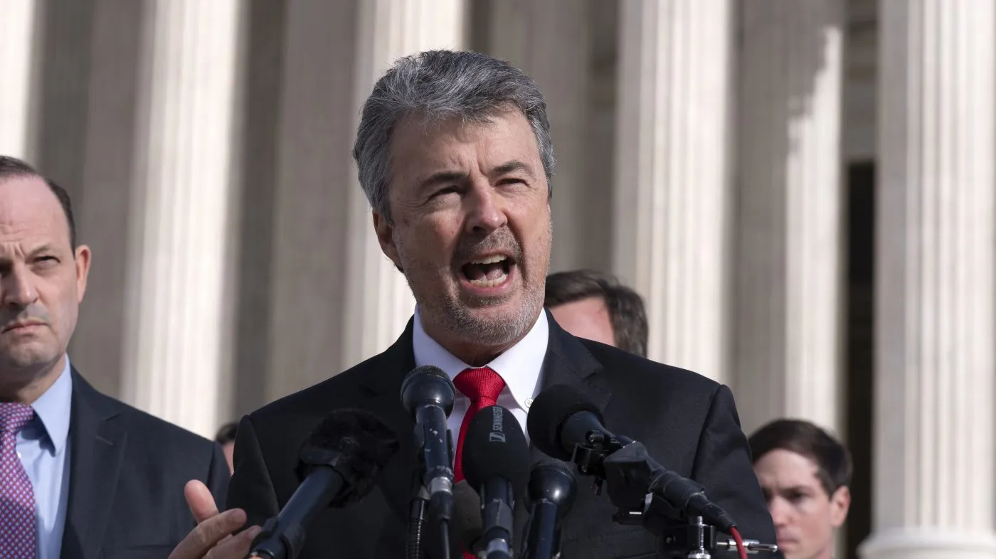 Alabama Attorney General Steve Marshall (R) talks to reporters outside of the Supreme Court, Dec. 4, 2024, in Washington.
