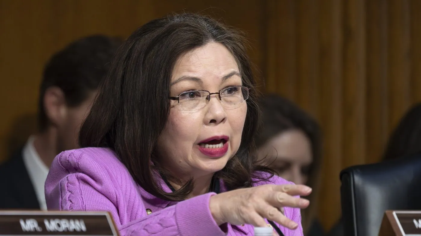 Sen. Tammy Duckworth (D-Ill.) the ranking member of the Senate Commerce, Science and Transportation Subcommittee on Aviation, Space, and Innovation, speaks to Chris Rocheleau, acting administrator of the Federal Aviation Administration, during a hearing to examine the preliminary report by the National Transportation Safety Board on the Jan. 29, 2025, midair collision of an Army Black Hawk helicopter and an American Airlines regional jet, on Capitol Hill in Washington, March 27, 2025.