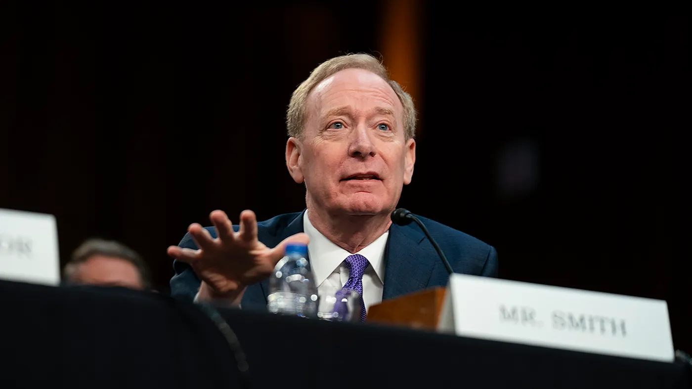 Brad Smith, vice chair and president of Microsoft Corporation, answers questions during a Senate Commerce, Science, and Transportation Committee hearing to examine artificial intelligence in the U.S. on May 8, 2025.