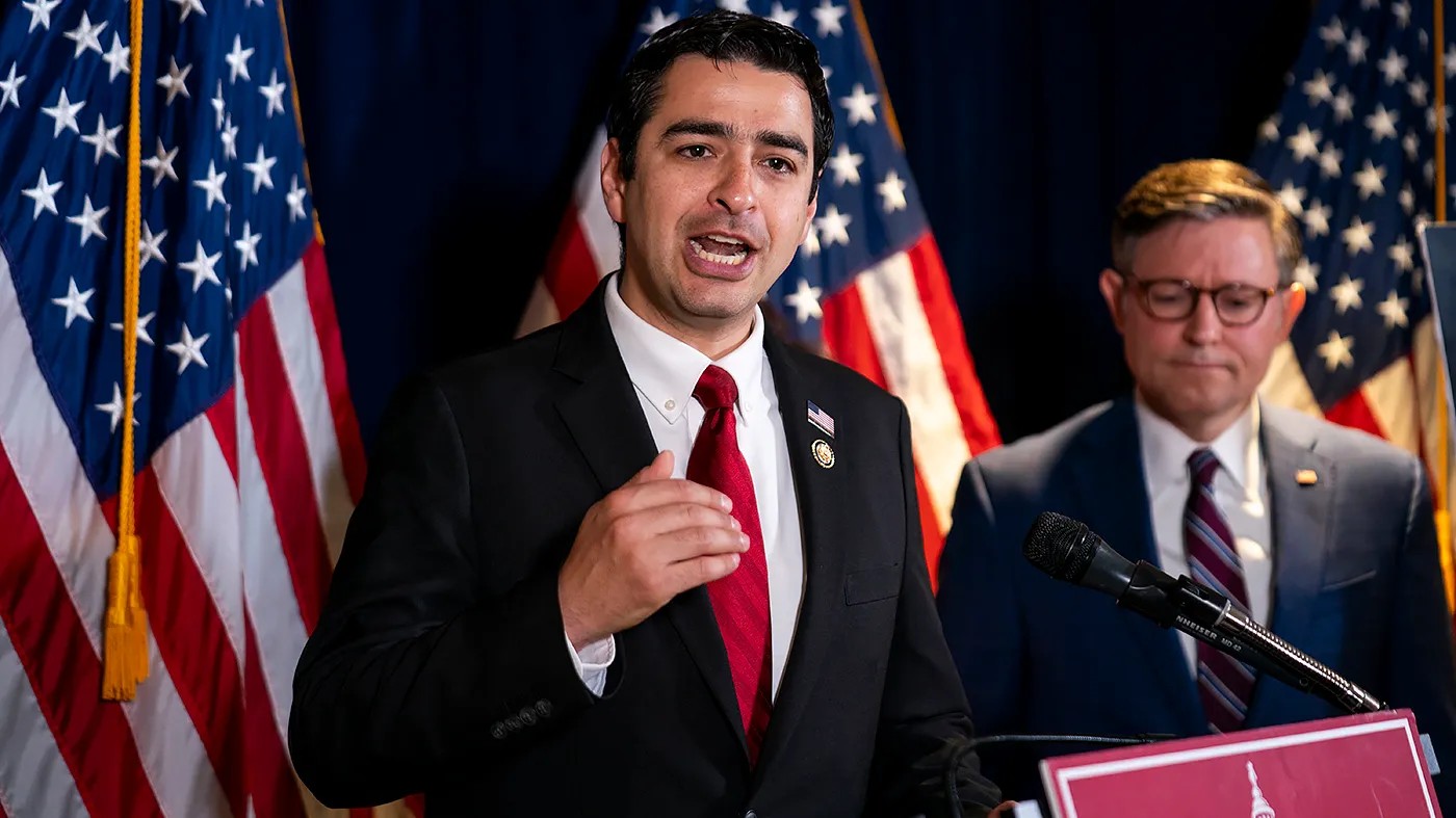 Rep. Gabe Evans (R-Colo.) addresses reporters following a closed-door House Republican conference meeting at the Republican National Committee in Washington, D.C., on Tuesday, June 10, 2025.