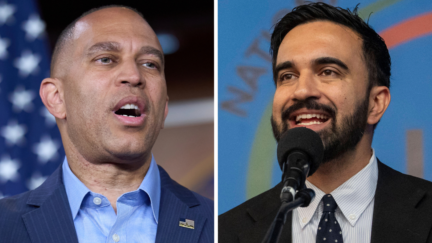 House Minority Leader Hakeem Jeffries (D-N.Y.), left, and New York City Democratic mayoral candidate Zohran Mamdani.