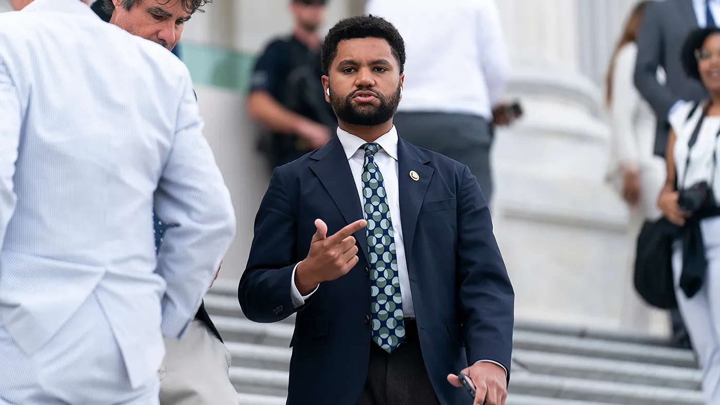 Rep. Maxwell Frost (D-Fla.) speaks to a reporter as he leaves the Capitol following the last votes of the week on July 23, 2025. The House left early for its August recess and will return on Sept. 2.