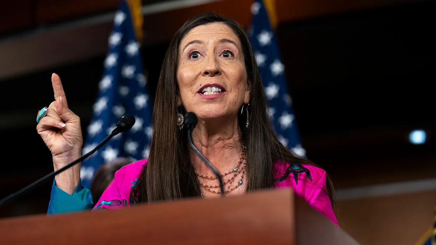 Rep. Teresa Leger Fernández (D-N.M.) addresses reporters during a press conference on June 24, 2025, to discuss the third anniversary of the Supreme Court’s decision on Dobbs v. Jackson Women’s Health Organization.