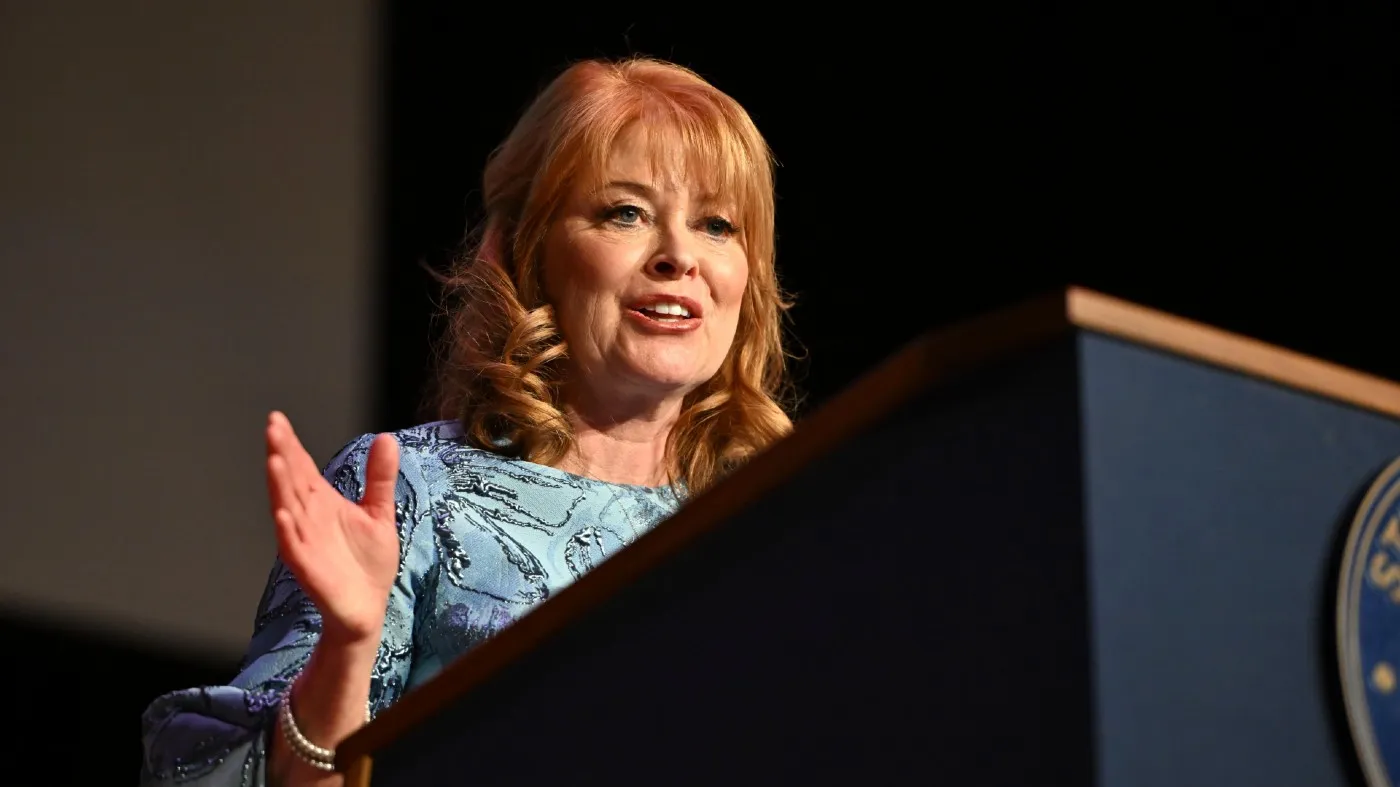 Pennsylvania state Treasurer Stacy Garrity speaks to the audience after taking the oath of office for her second four-year term in the Forum Auditorium across the street from the Capitol, Jan. 21, 2025, in Harrisburg, Pa.
