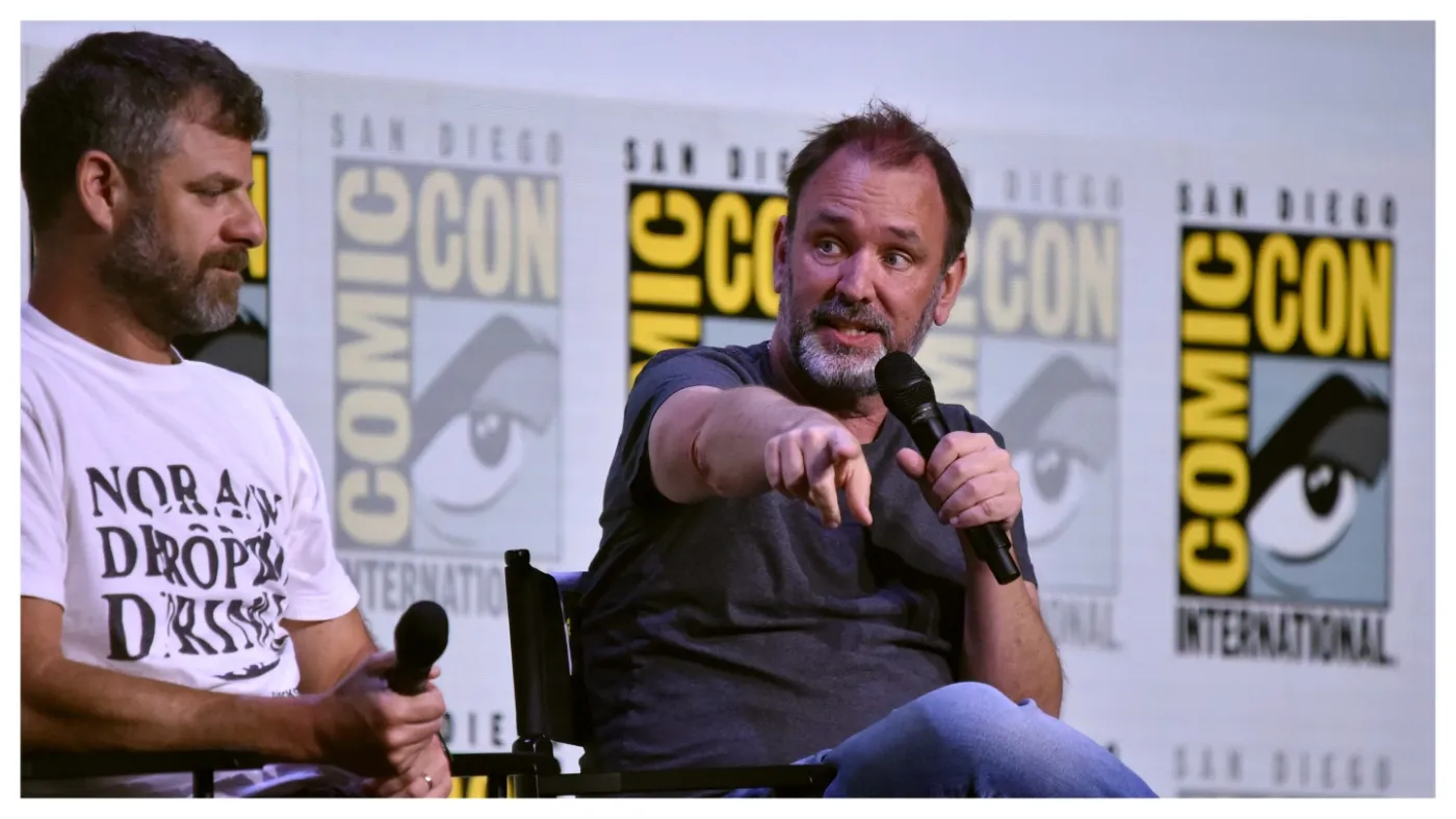 Matt Stone, left, and Trey Parker attend the Comedy Central Adult Animation: “South Park,” “Beavis and Butt-Head,” and “Digman!” panel during Comic-Con International on July 24, 2025, in San Diego.