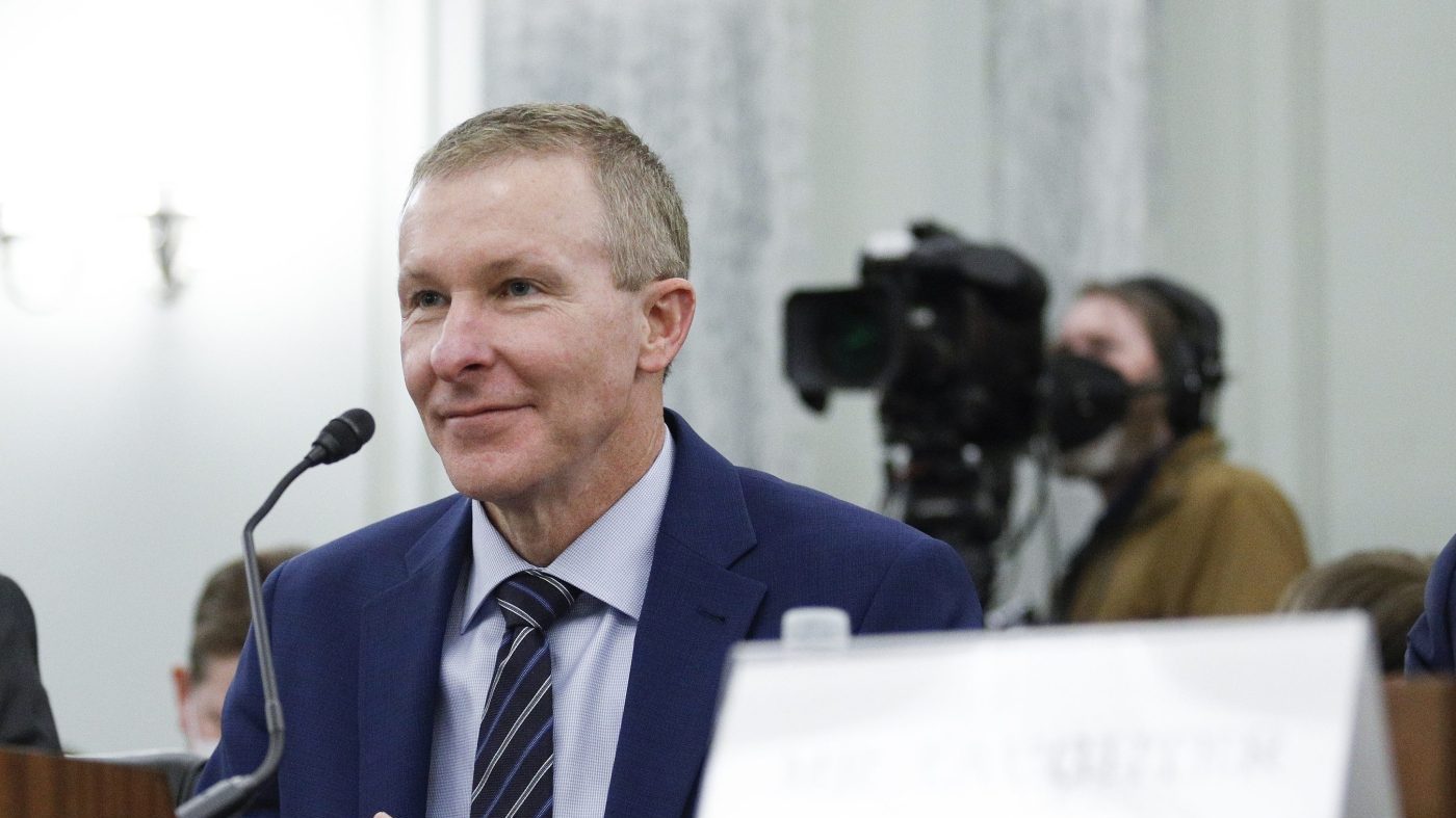 Scott Kirby, CEO, of United Airlines, testifies during a Senate Commerce, Science, and Transportation oversight hearing, Wednesday, Dec. 15, 2021, on Capitol Hill in Washington. (Tom Brenner/The Washington Post via AP, Pool)