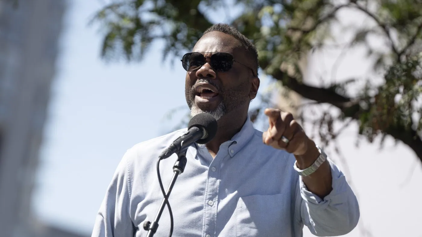Chicago Mayor Brandon Johnson speaks near the Haymarket Memorial in the West Loop during a Labor Day march for workers rights on Sept. 1, 2025, in Chicago.