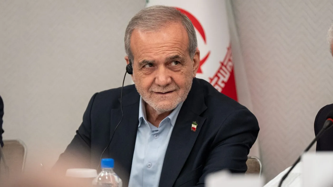 Iranian President Masoud Pezeshkian takes questions from the media at a press briefing in New York on Sept. 26, 2025.