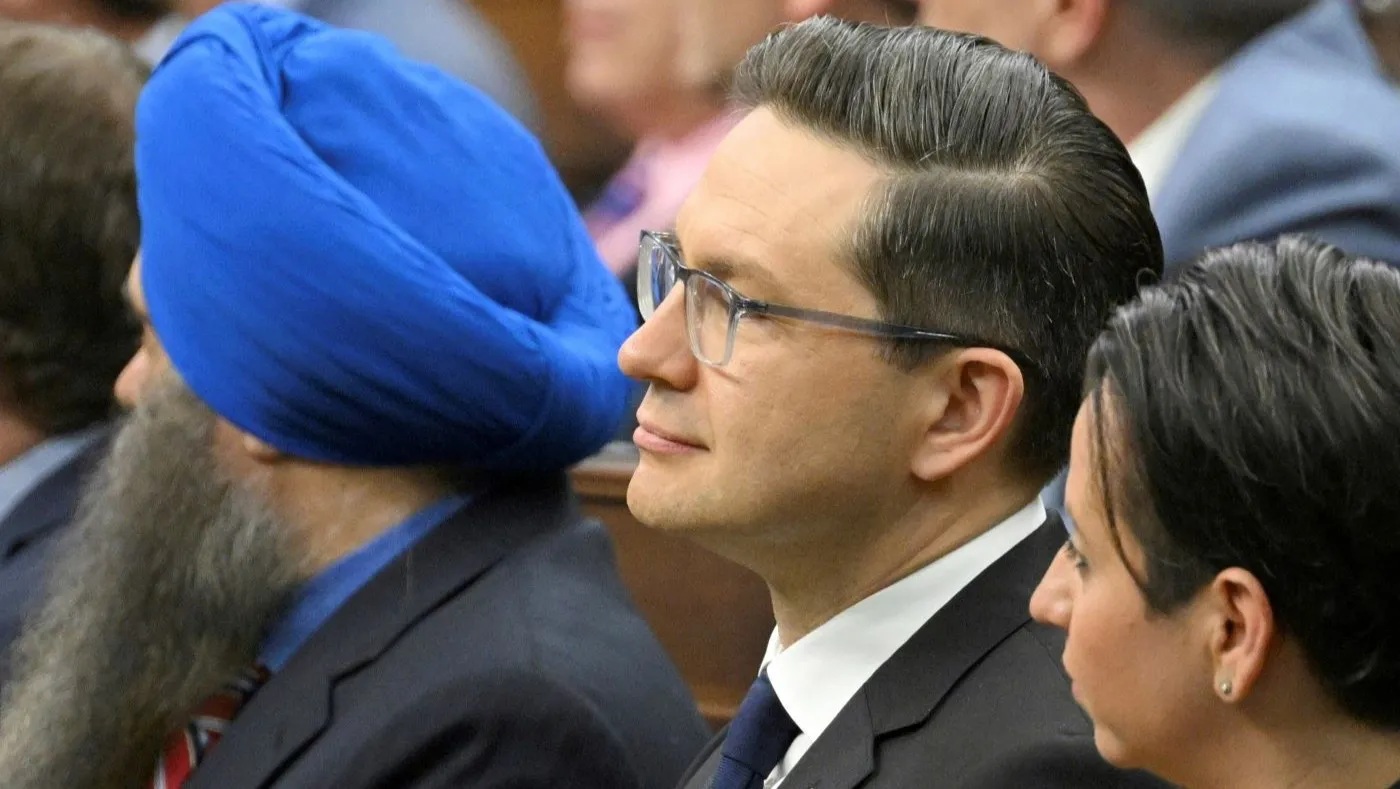 Pierre Poilievre, leader of Canada’s Conservative Party, waits for former President Biden to speak at the Canadian Parliament in Ottawa on Mach 24, 2023.