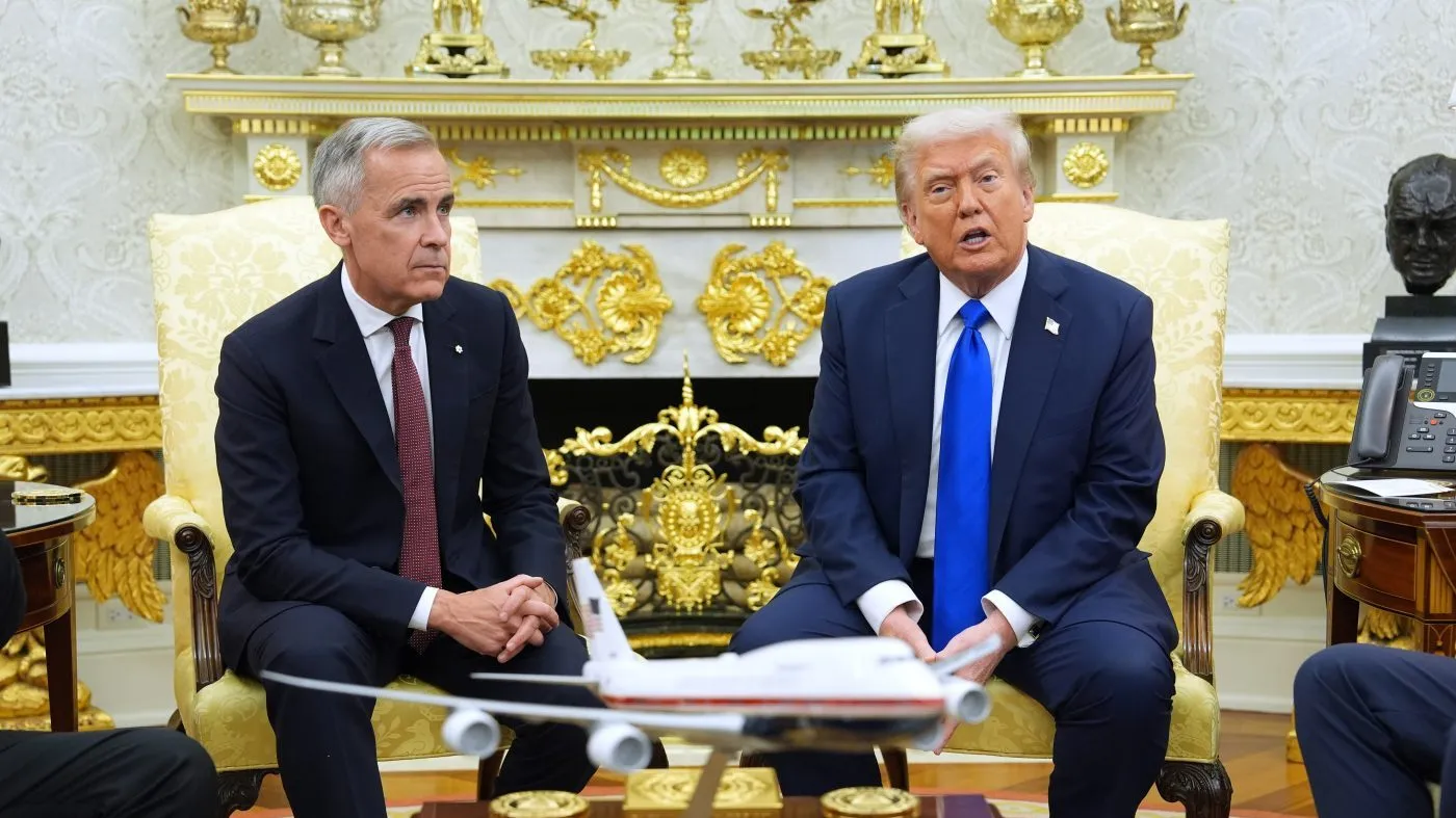 President Donald Trump speaks during a meeting with Canadian Prime Minister Mark Carney in the Oval Office of the White House, Tuesday, Oct. 7, 2025, in Washington. (AP Photo/Evan Vucci)