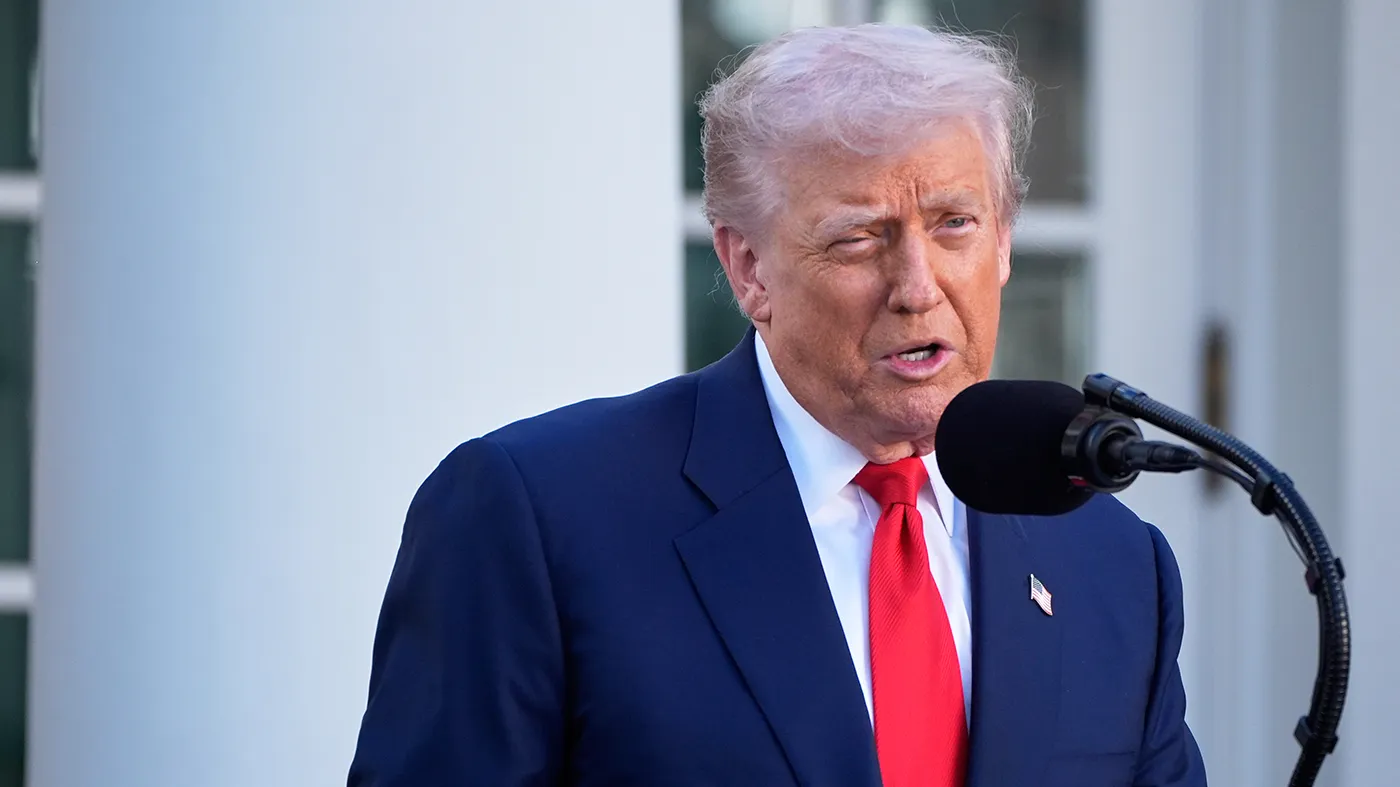 President Trump speaks before presenting the Presidential Medal of Freedom for Charlie Kirk to his widow Erika Kirk in the Rose Garden of the White House, Oct. 14, 2025, in Washington.