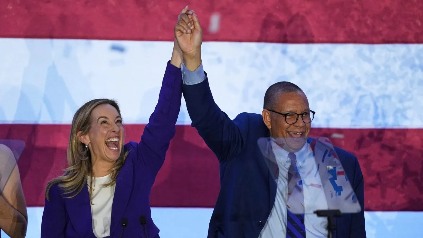 New Jersey Democratic Gov.-elect Mikie Sherrill and Lt. Gov.-elect Dale Caldwell celebrate during an election night party in East Brunswick, N.J., Nov. 4, 2025.