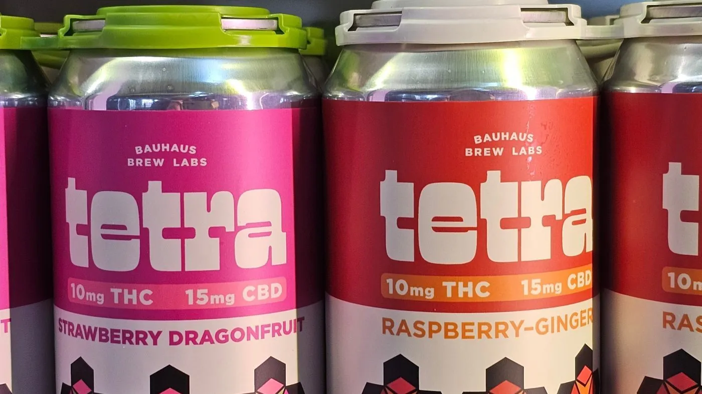 Cans of seltzer containing THC, the active ingredient in marijuana, are shown in a cooler at the Bauhaus Brew Labs taproom in Minneapolis on Nov. 20, 2025.
