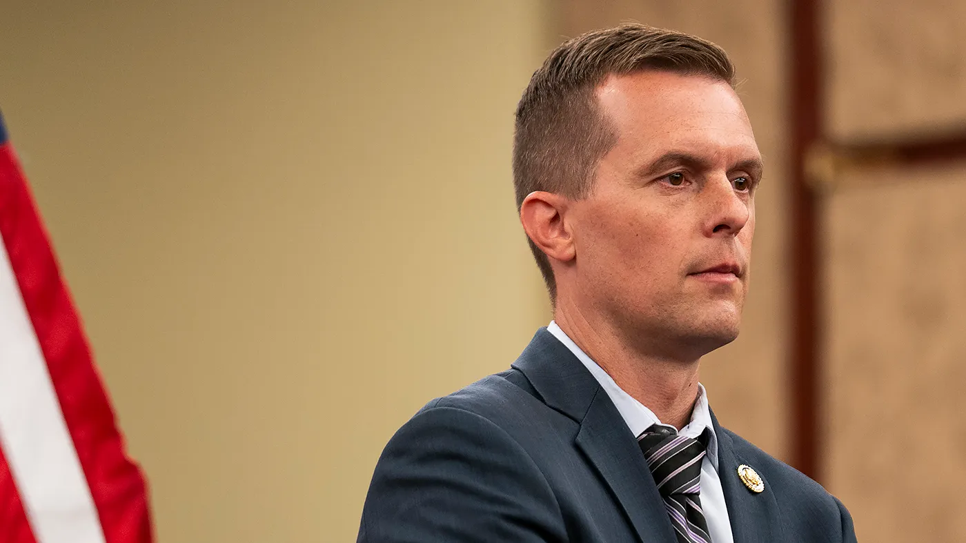 Rep. Jared Golden (D-Maine) is seen during a press conference on Thursday, July 17, 2025 to discuss protecting federal workers amid a recent Supreme Court decision to allow the Trump administration’s reduction in force plans for various agencies.