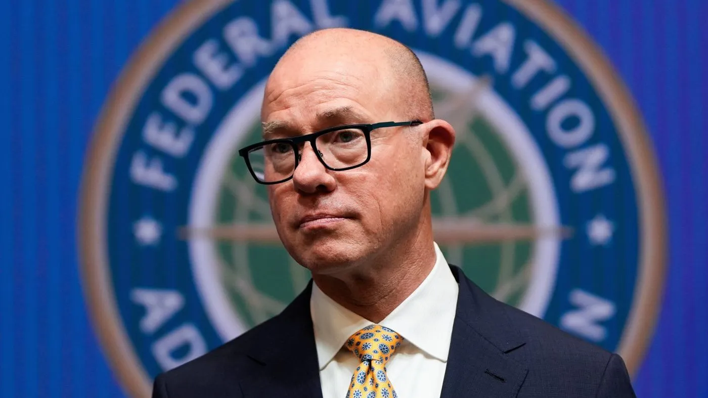 Federal Aviation Administration Administrator Bryan Bedford is seen during a news conference on new drone regulations, Aug. 5, 2025, at the Department of Transportation in Washington.
