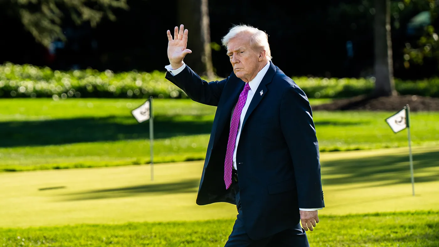 President Trump walks the south lawn of the White House on October 17, 2025.