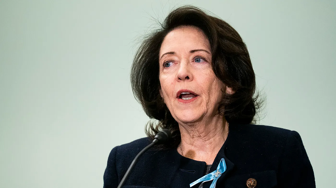 Sen. Maria Cantwell (D-Wash.) speaks during a press conference on Dec. 15, 2025 at the Capitol in Washington.