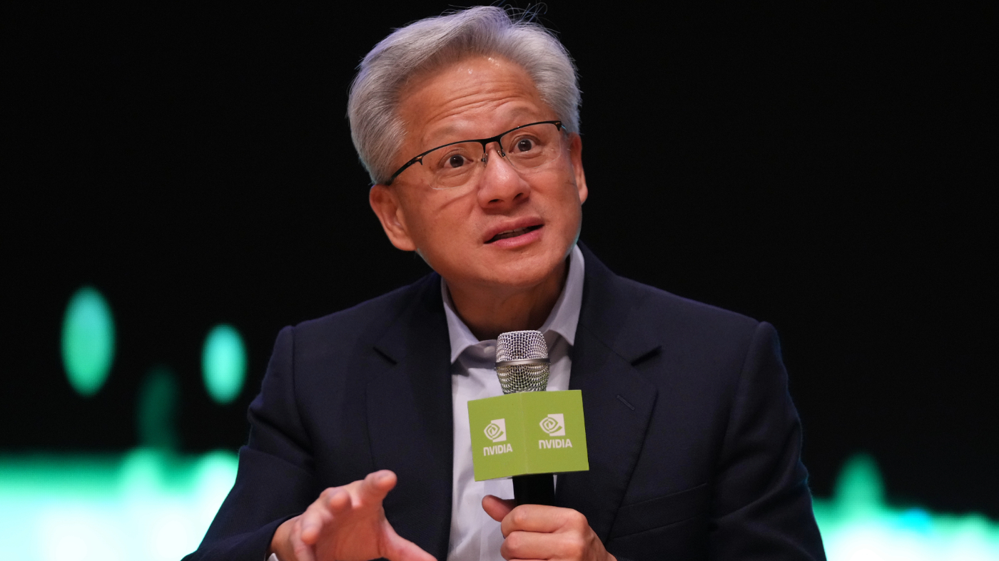 Nvidia CEO Jensen Huang speaks during a press conference at the Asia-Pacific Economic Cooperation CEO summit in Gyeongju, South Korea, Oct. 31, 2025.