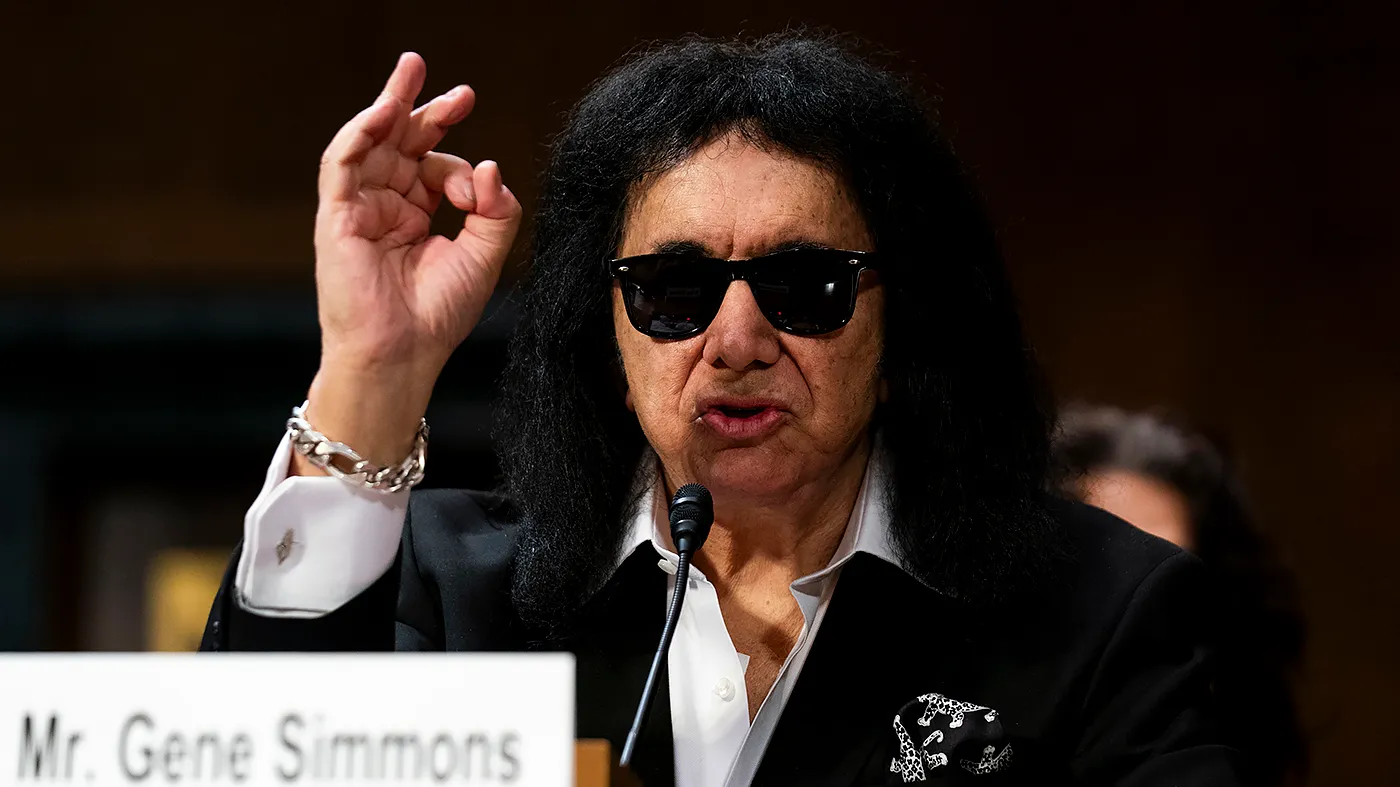 KISS bassist Gene Simmons answers questions during a Senate Judiciary subcommittee hearing to discuss the American Music Fairness Act on Dec. 9, 2025.