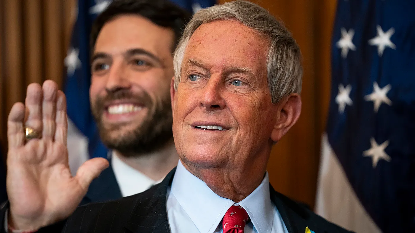 Rep. Joe Wilson (R-S.C.) participates in a ceremonial photo op with Speaker Mike Johnson (R-La.) following the first day of the 119th session of Congress at the Capitol, in Washington, D.C., on Friday, January 3, 2025.