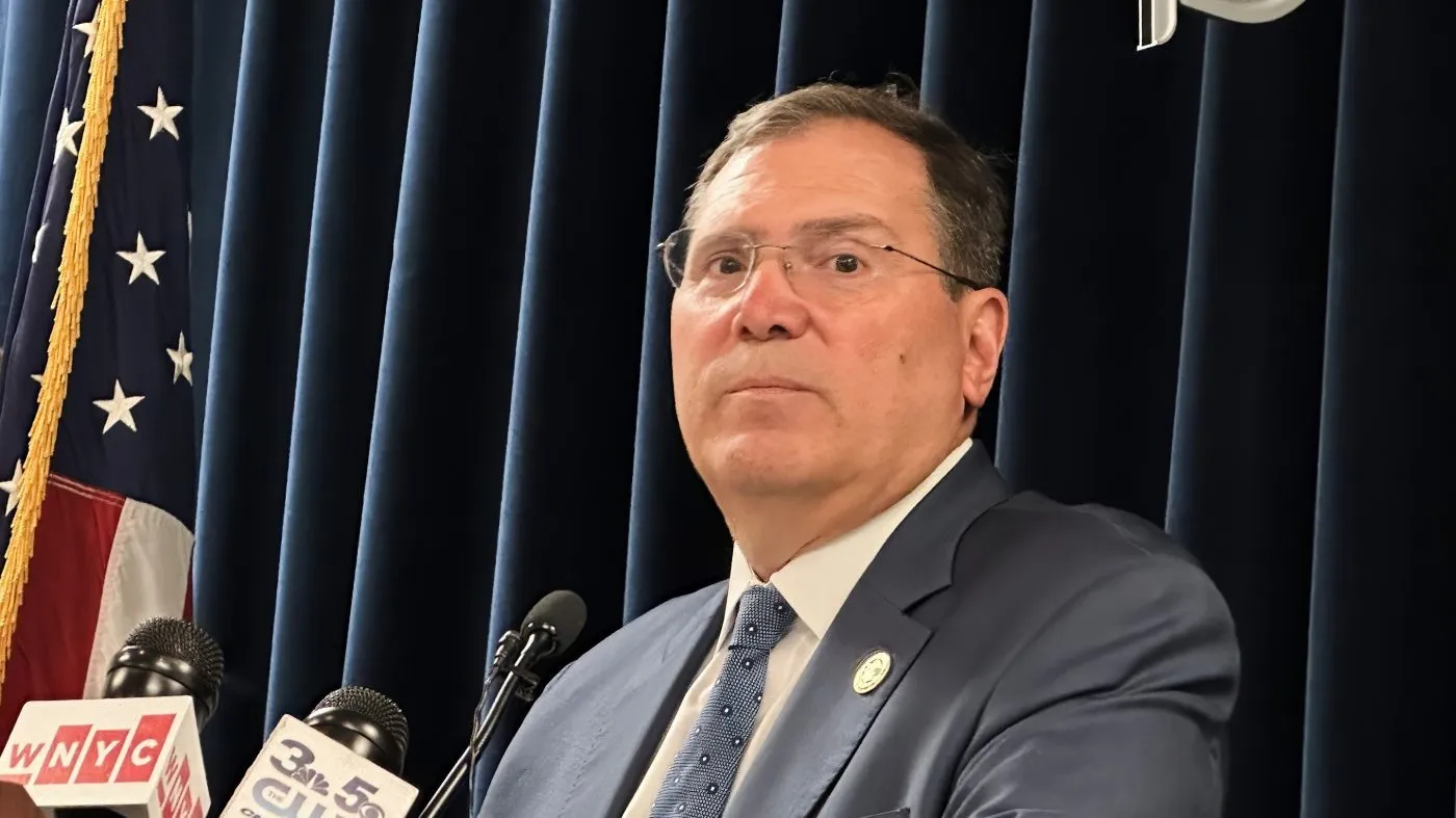 John Sarcone, acting U.S. attorney for northern New York, speaks at a news conference after an immigration raid in Albany, NY, Sept. 9, 2025. (AP Photo/Michael Hill)