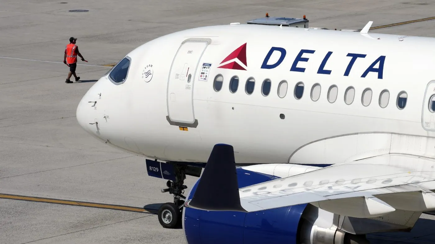 A Delta Air Lines jet leaves the gate on July 19, 2024, at Logan International Airport in Boston.