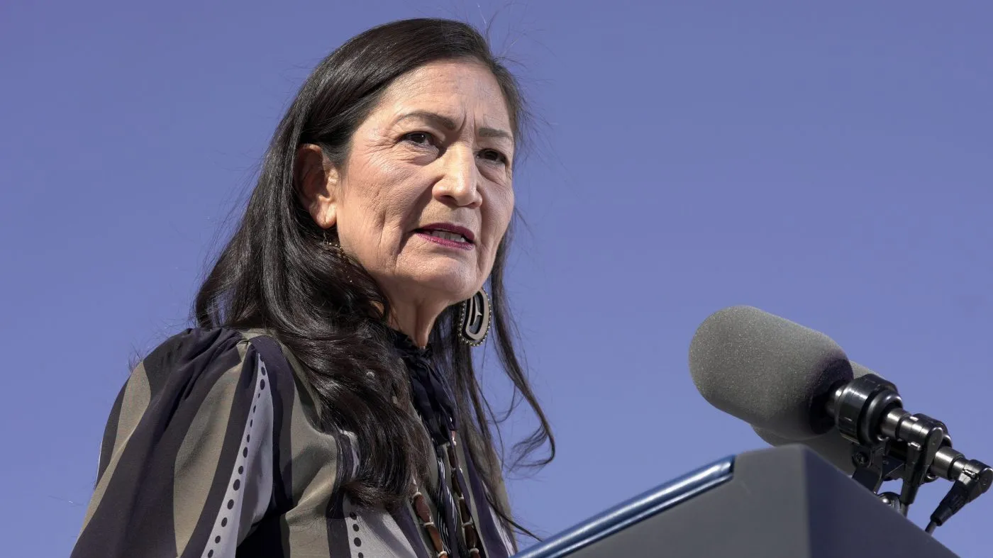 Then-Interior Secretary Deb Haaland speaks at the Gila Crossing Community School in the Gila River Indian Community reservation in Laveen, Ariz., Oct. 25, 2024.