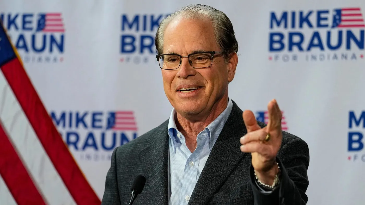 FILE – U.S. Sen. Mike Braun, R-Ind., announces his run for Indiana governor on Dec. 12, 2022, in Indianapolis. (AP Photo/Michael Conroy, File)
