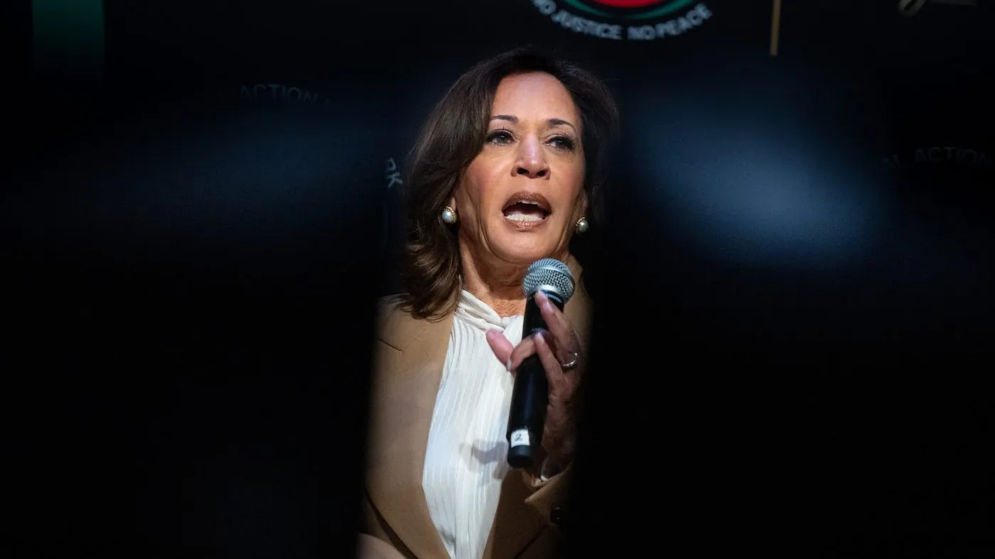 Kamala Harris, former vice president and 2024 presidential candidate, speaks during the National Action Network Convention in New York, April 10, 2026.