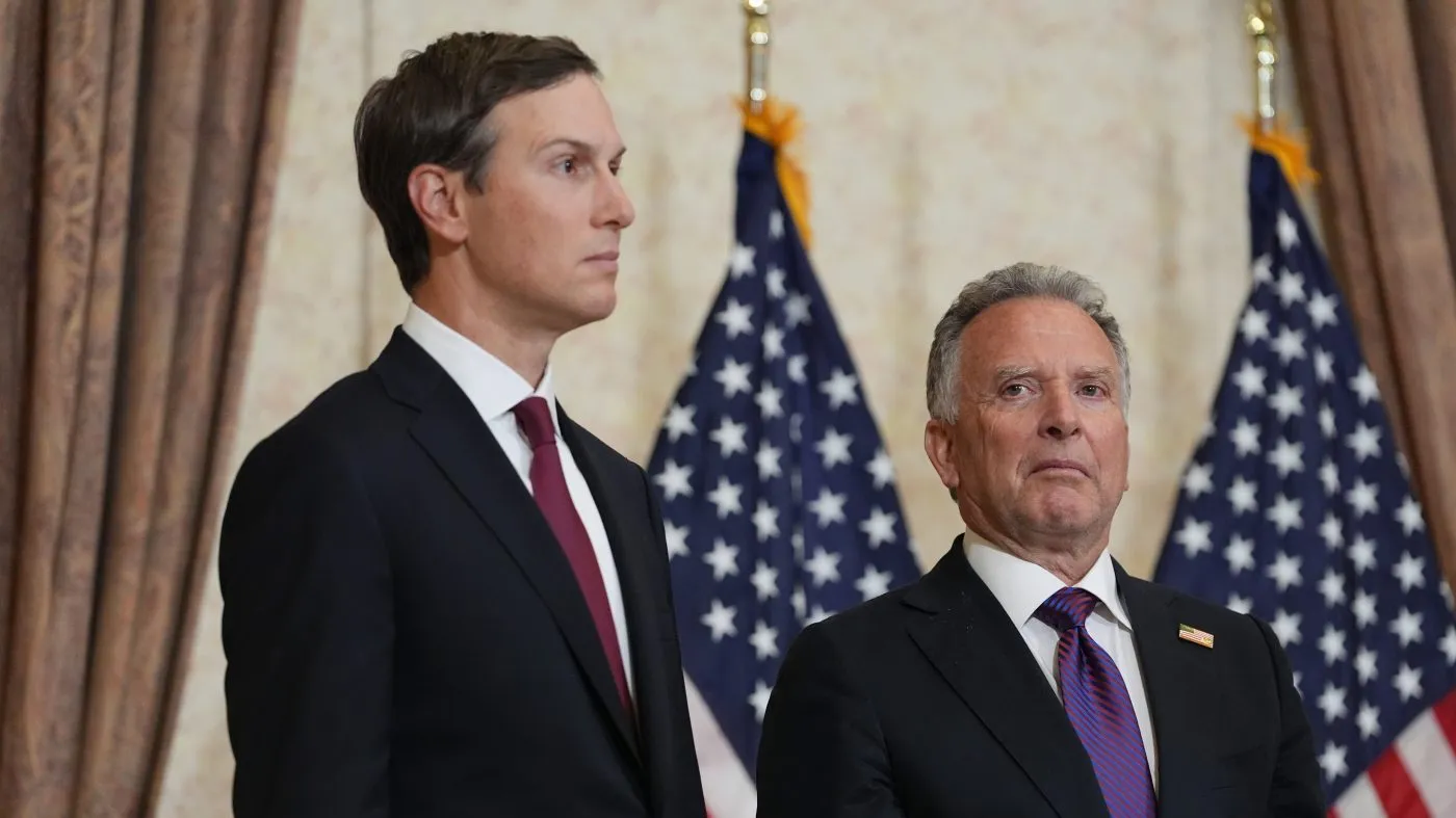 Jared Kushner, left, and Steve Witkoff, special envoy for peace missions, listen as Vice President Vance speaks during a news conference after meeting with representatives from Pakistan and Iran, April 12, 2026, in Islamabad, Pakistan.