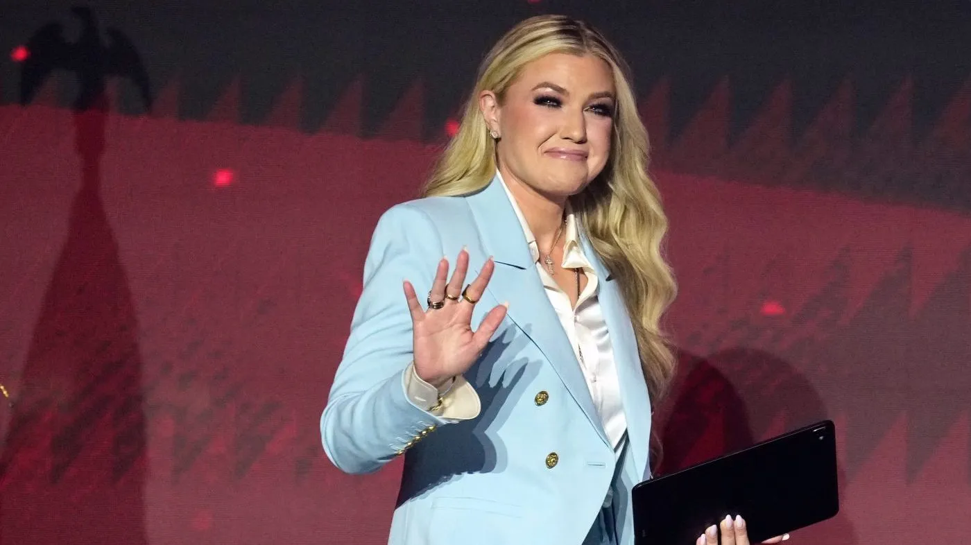 Turning Point CEO Erika Kirk takes the stage at a Turning Point USA event Friday, April 17, 2026, in Phoenix. (AP Photo/Ross D. Franklin)