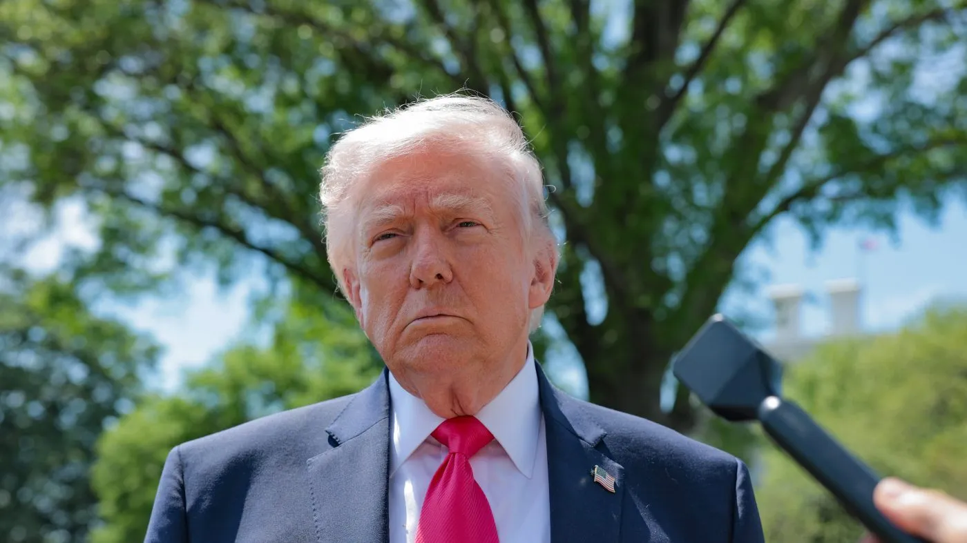 President Trump speaks to the media before boarding Marine One on the South Lawn of the White House on April 16, 2026, in Washington, D.C.