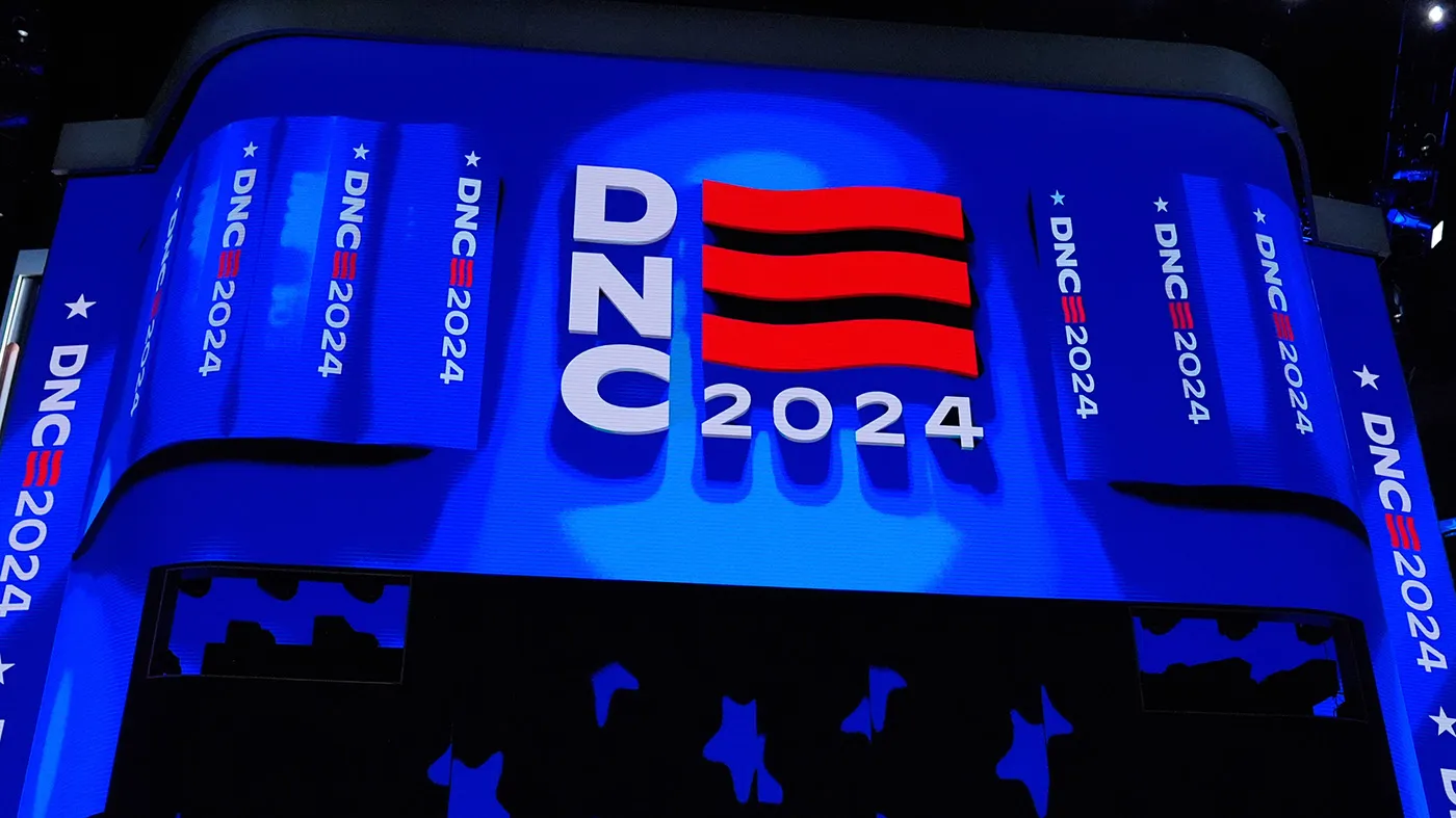 Part of the stage with the Democratic National Convention logo is seen on Aug. 22, 2024, in Chicago.