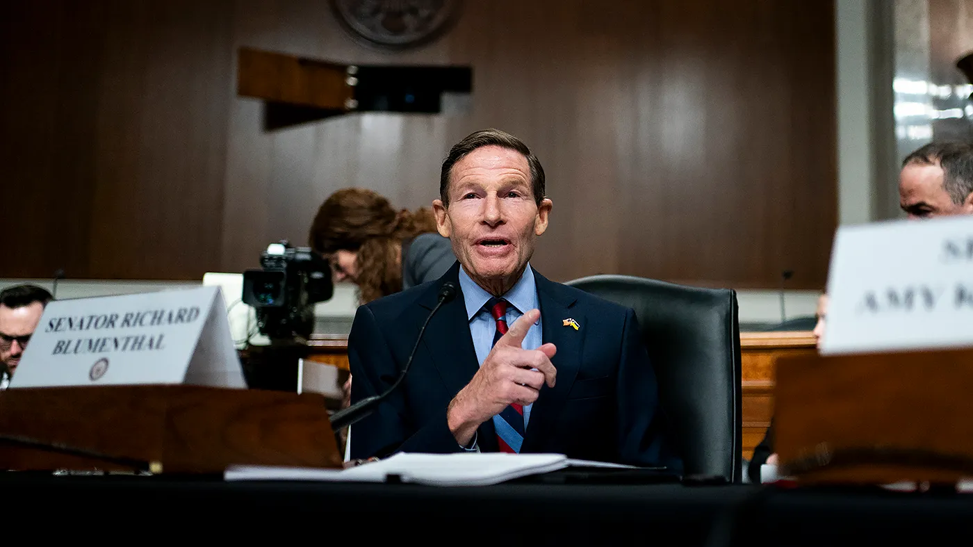 Sen. Richard Blumenthal (D-Conn.) asks questions during a Democrat public forum to discuss recent constitutional violations and abuses by Immigration and Customs Enforcement (ICE) on Monday, February 23, 2026.