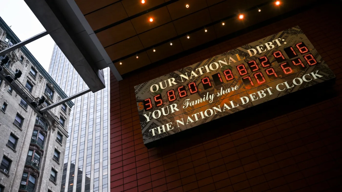 A screen displaying the U.S. national debt is seen in the Manhattan borough of New York City on April 11, 2025.
