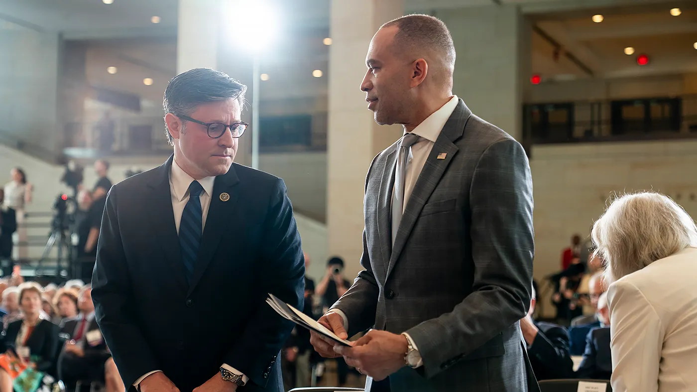 Speaker Mike Johnson (R-La.) and Minority Leader Hakeem Jeffries (D-N.Y.) arrive for a Days of Remembrance ceremony and Congressional Gold Medal presentation posthumously to Benjamin Ferencz on April 14, 2026, at the Capitol in Washington, D.C.