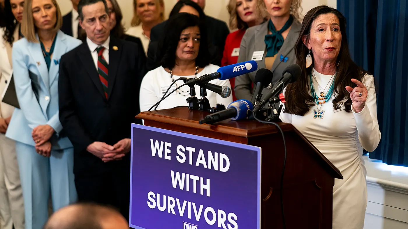 Rep. Teresa Leger Fernandez (D-N.M.) speaks during a press conference with victims of Jeffrey Epstein brought by Democrat congressional members as guests for the State of the Union address on Tuesday, February 24, 2026.